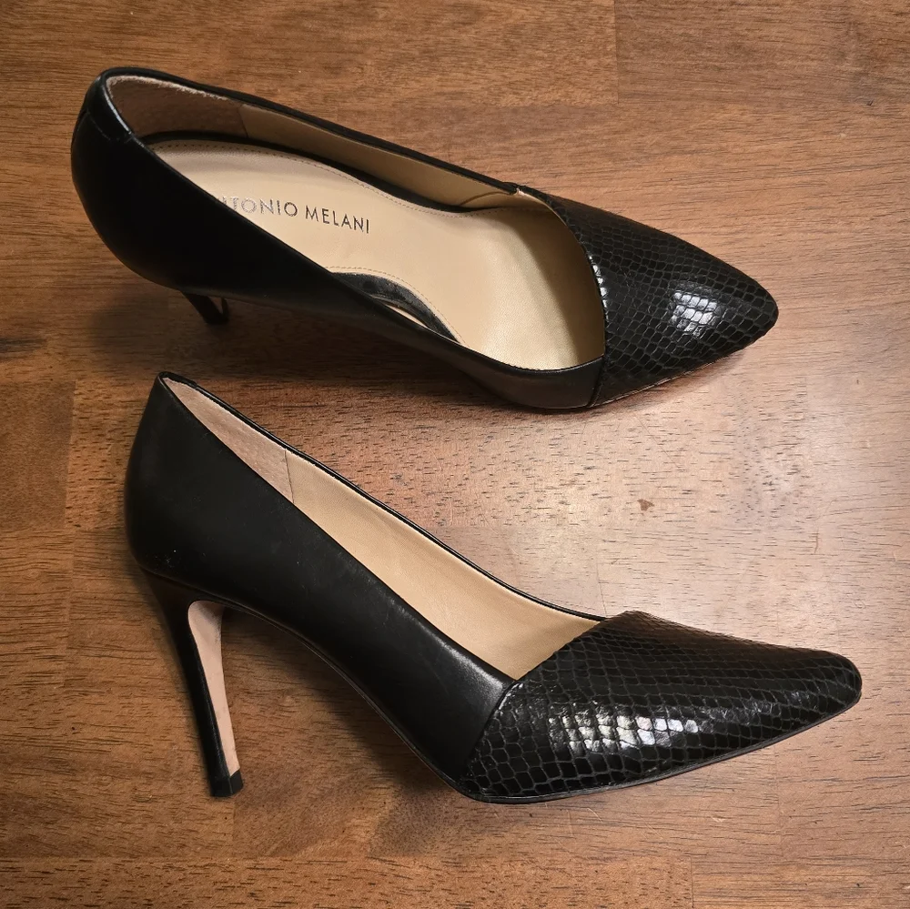 ANTONIO MELANI Clarete Black Leather Heels With Asymmetrical Textured Toe - Picture 2 of 8